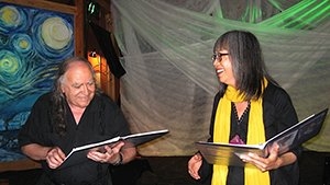 Jack Foley and Clara Hsu at Cozmic Pizza reading, Eugene, OR 09-13